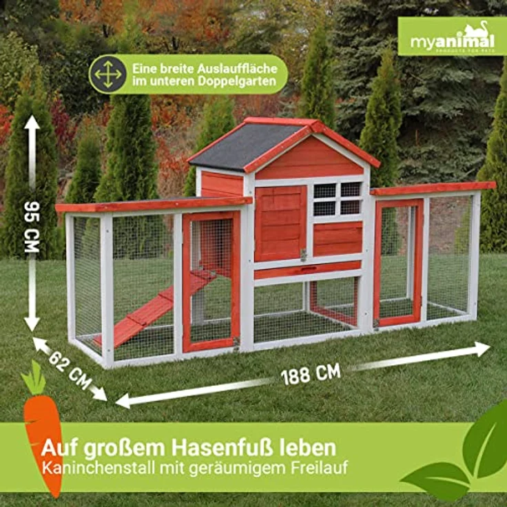 Miweba MyAnimal Hasenstall MH-31 | 188x62x95 cm - Kaninchenstall mit Freilaufgehege - Doppelstockhaus 2 Ebenen - Hasenkäfig - imprägniert - Kaninchenkäfig Winterfest - Indoor und Outdoor (Grau/Weiß) – Bild 3
