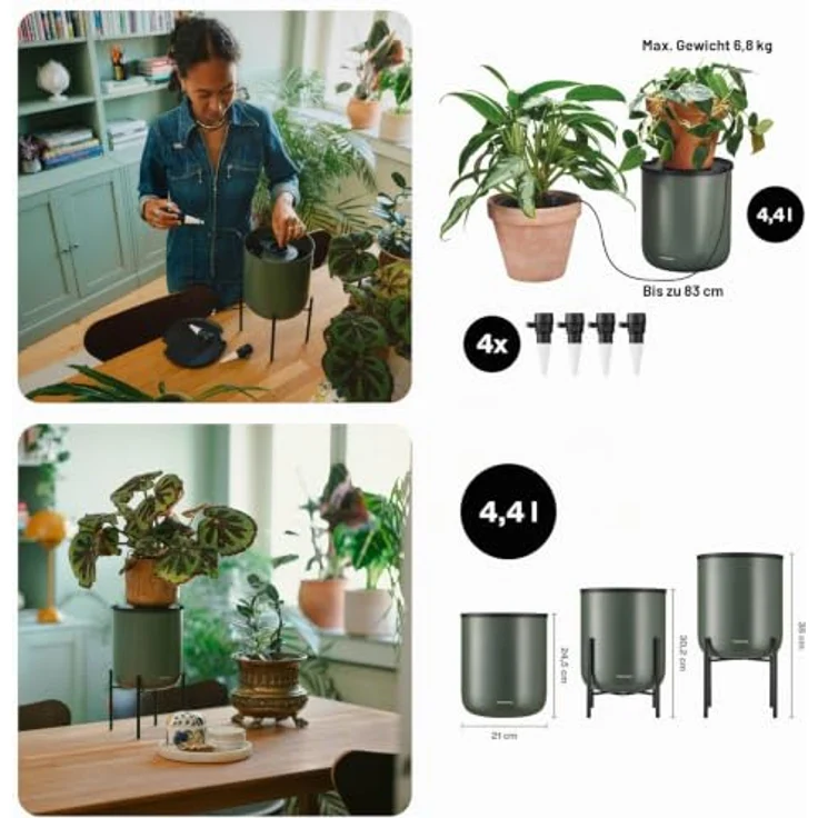 Fiskars Urban Plant Care Selbstbewässerungssystem, 4,4-Liter-Reservoir mit 4 Keramikkegeln, dunkelgrün/schwarz – Bild 2