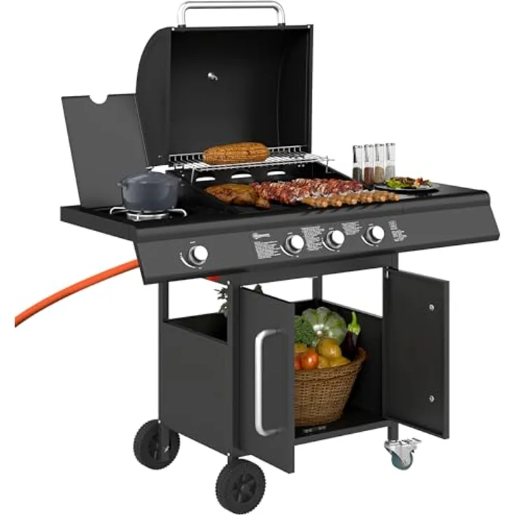 Outsunny Gasgrill 12,2 KW 3+1 Brenner BBQ Grillwagen aus Edelstahl inkl Rolle Seitenbrenner Thermometer Grillrost Kochfeld Seitentisch Gas-Grill für Balkon Camping 118,5 x 56 x 110 cm - Edelstahl