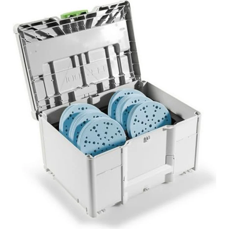 Festool Schleifmittel-Systainer³ SYS-STF D150 GR-Set Granat, Schleifscheiben für VOC Lacke und harte Untergründe, staubarmes Arbeiten, 49 Loch Absaugung, 20 x verschiedene Körnungen, SYS3 M 237 – Bild 1