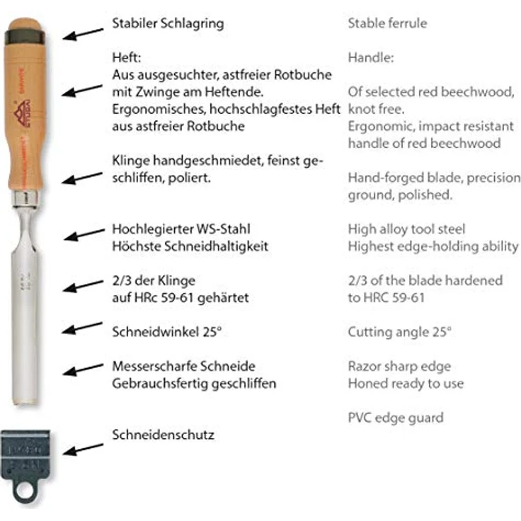 Hohlbeitel mit Holzgriff aus Rotbuche, Stubai Hohleisen 16 mm, Stubai Hohleisen Stemmeisen für präzise Holzbearbeitung, Stechbeitel für Schreiner Tischler – Bild 2