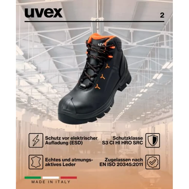 Uvex - 2 macsole® 6523245 esd Sicherheitsstiefel S3, Schuhgröße 45, Schwarz/Orange, leichtgewichtig, metallfrei, hoher Tragekomfort – Bild 7