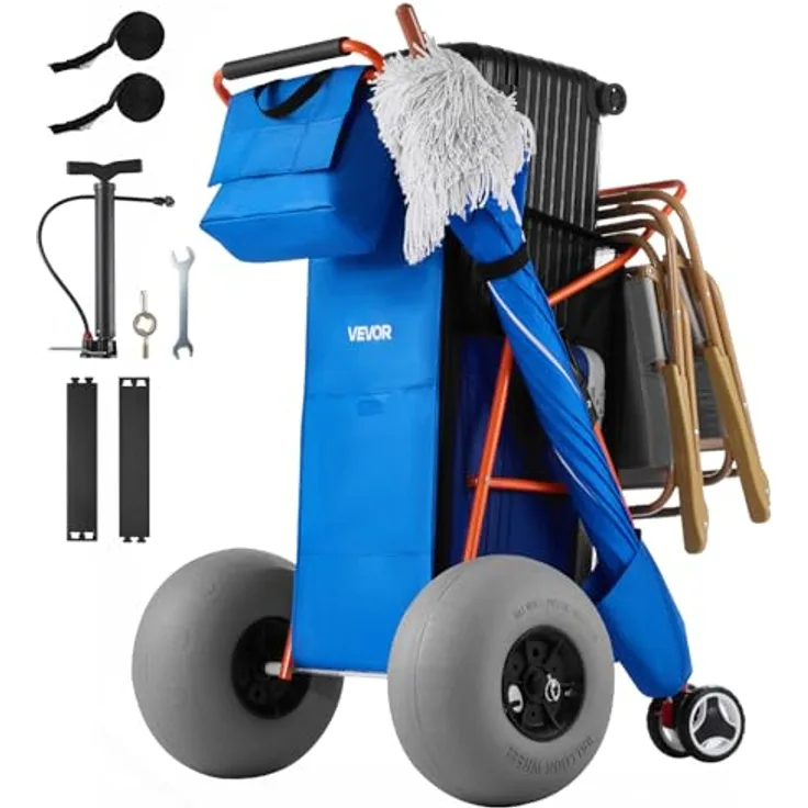 VEVOR Strandwagen mit Ballonreifen (12 Zoll), Faltbarer Strandtrolley mit Isoliertasche & Schirmhalter, 75 kg Tragkraft für bis zu 4 Strandstühle, ideal für Camping und Angeln
