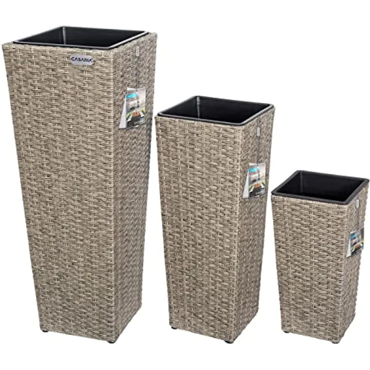 Casaria® Blumentopf 3er Set Polyrattangeflecht Übertopf Wasserabfluss Rattanoptik Outdoor Pflanzkübel Blumenkasten Creme