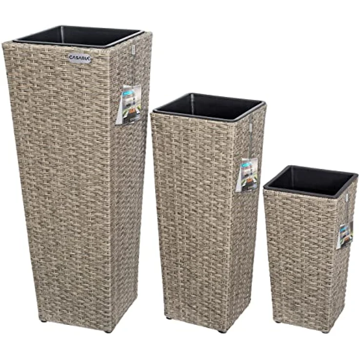 Casaria® Blumentopf 3er Set Polyrattangeflecht Übertopf Wasserabfluss Rattanoptik Outdoor Pflanzkübel Blumenkasten Creme – Bild 1