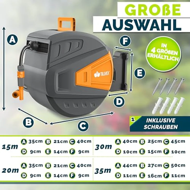 tillvex Schlauchtrommel Wasser mit Wandhalterung, 35m Gartenschlauch, 180° schwenkbar, Handbrause mit 9 Funktionen, Anthrazit/Orange – Bild 3