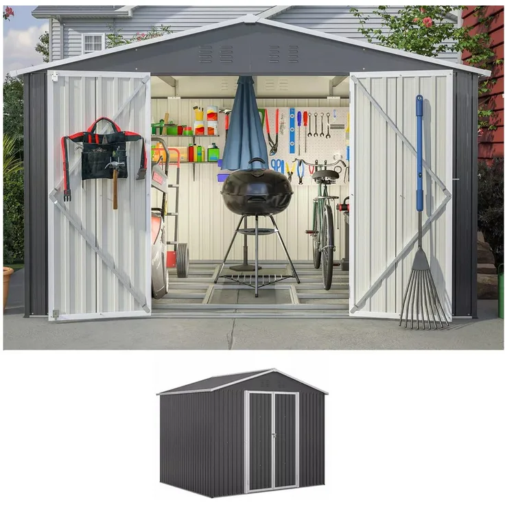 Bolwins XXXL Geräteschuppen Gartenhaus, verzinktes Stahlblech mit Metallfundament, grau, 300x252x191 cm