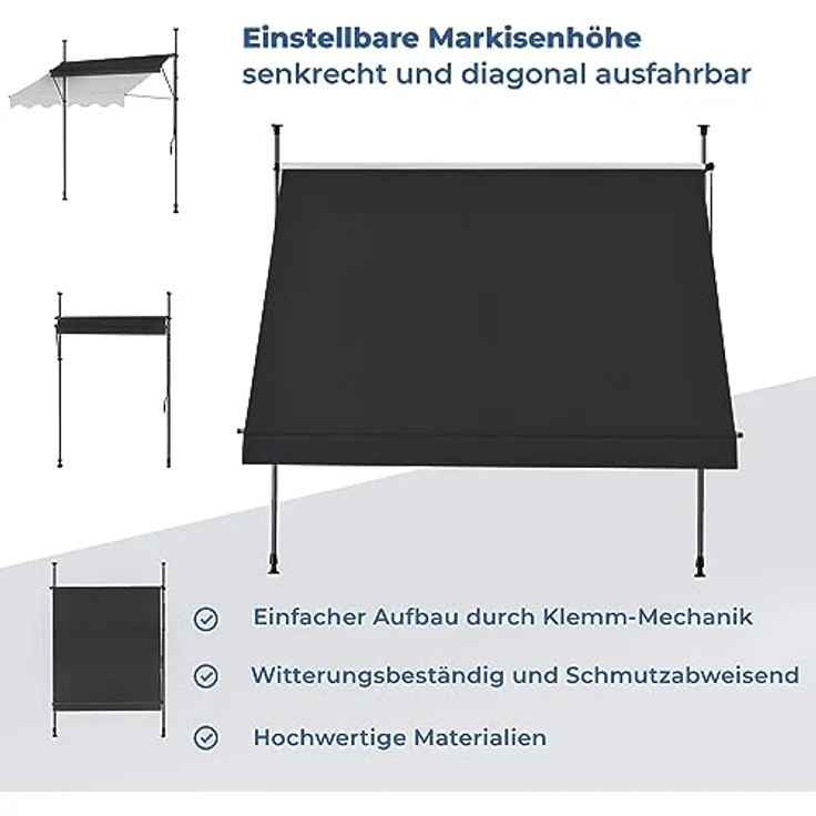 osoltus Klemmmarkise, Balkonmarkise, höhenverstellbar, mit Handkurbel, Sonnenschutz, für Balkon, Terrasse, Garten (250cm, Anthrazit) – Bild 5