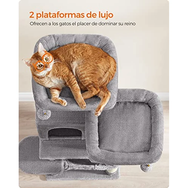 Feandrea Kratzbaum, 112 cm hoch, Katzenbaum mit 11 Kratzsäulen, 2 Plattformen, 1 Katzenhöhle, 1 Hängematte, 2 Plüschbällen, Plüsch, mehrstöckiges Design, hellgrau PCT215W01 – Bild 5
