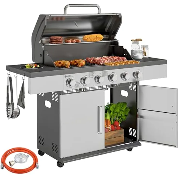 Outsunny Gasgrill 8500BTU, Grillwagen mit 6 Edelstahl-Brennern, Thermometer, 2 Seitentischen und Druckminderer, BBQ Gartengrill für Balkon und Camping, 141 x 55 x 110 cm
