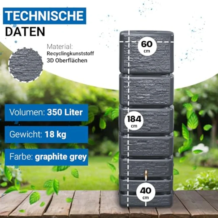 4rain Regentonne Slim Wandtank sandbeige 350 Liter - Steinoptik, UV-stabil, made in Germany – Bild 3