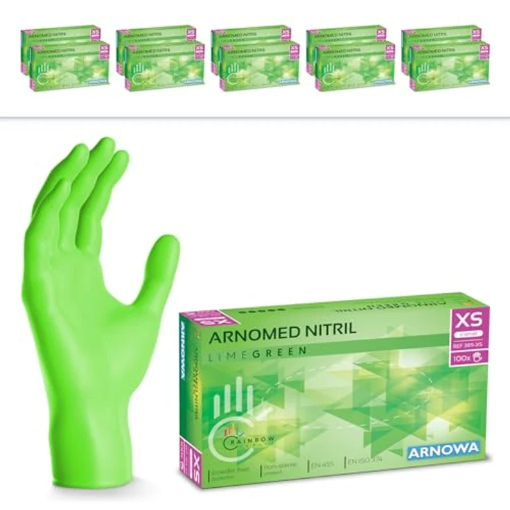 ARNOMED Einweghandschuhe Grün, Nitril Handschuhe puderfrei, 1000 Stück, XS, latexfrei, lebensmittelecht, Schutzhandschuhe für Hygiene- & Reinigungsarbeiten – Bild 1