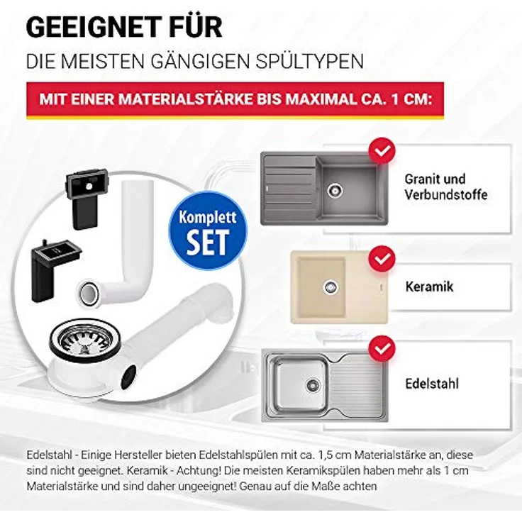 AquaDE Siebkorbventil 70 mm mit Raumschaffer und Überlauf-Set für Küchenspüle, rostfreier Edelstahl, weiß – Bild 3