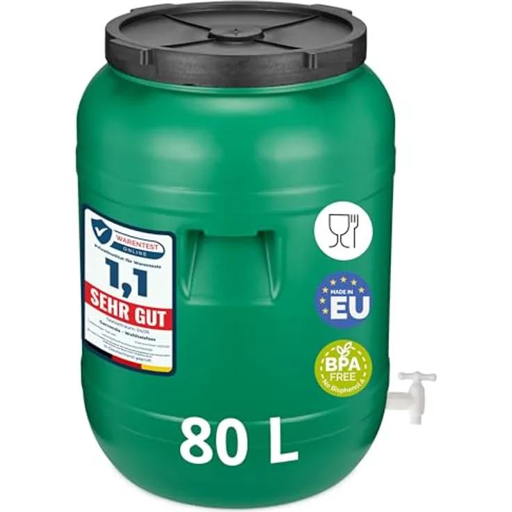 Garronda Weithalsfass GD-0142, Regentonne 80 Liter mit Hahn, BPA-frei, für Lebensmittel und Flüssigkeit, mit Deckel