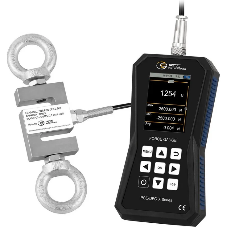 PCE Instruments Kraftmessgerät PCE-DFG 2K5 X, hochgenaues Spannungsprüfgerät mit 2500 N Messbereich und 32 GB Speicher