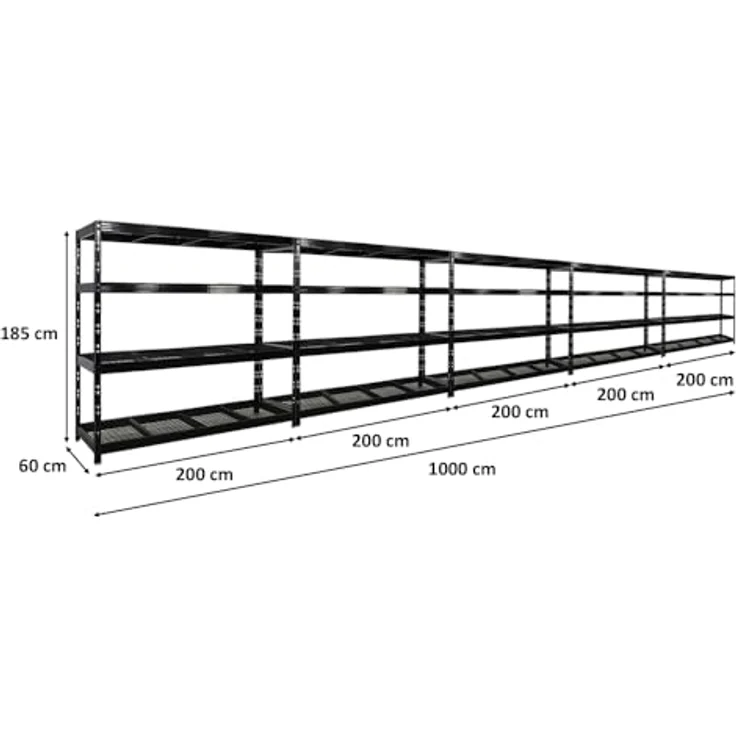 Proregal Schwerlastregal Mega Deal Profi RHINO, 180 x 200 x 60 cm, Traglast 500 kg pro Boden, 4 Böden, schwarz, pulverbeschichtet – Bild 2