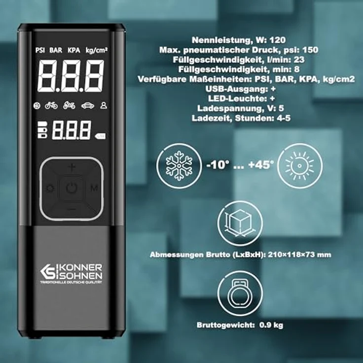 Könner & Söhnen KS P20, tragbarer Kompressor mit 150 Psi Betriebsdruck und integriertem Display, 22 l Tankvolumen, akkubetrieben – Bild 4