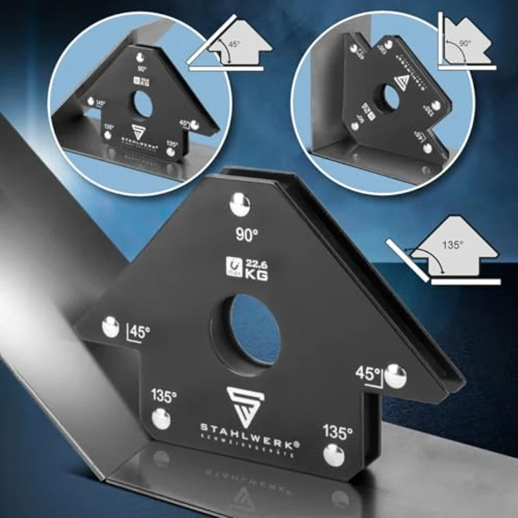 STAHLWERK Schweißmagnet 4er Set, 22,6 kg Haftkraft, 45° | 90° | 135° Winkel, starke Magnet-Schweißwinkel mit Rundloch zur präzisen Werkstückpositionierung – Bild 5