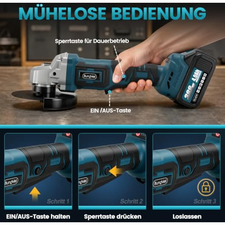 Bundviel Akku-Winkelschleifer 21V, Bürstenloser Motor, max. 12000 U/min, Ø 125mm, inkl. 2×4,0Ah Akku und Ladegerät – Bild 4