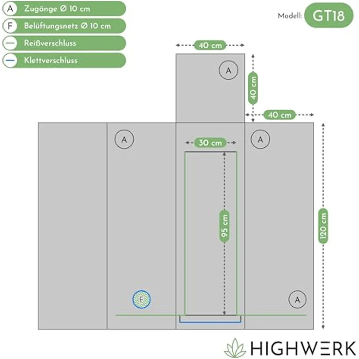 HIGHWERK Growzelt 40 x 40 x 120 cm, Indoor Grow Tent, lichtundurchlässig, schwarz/grün, mit hochreflektierender Innenbeschichtung – Bild 2