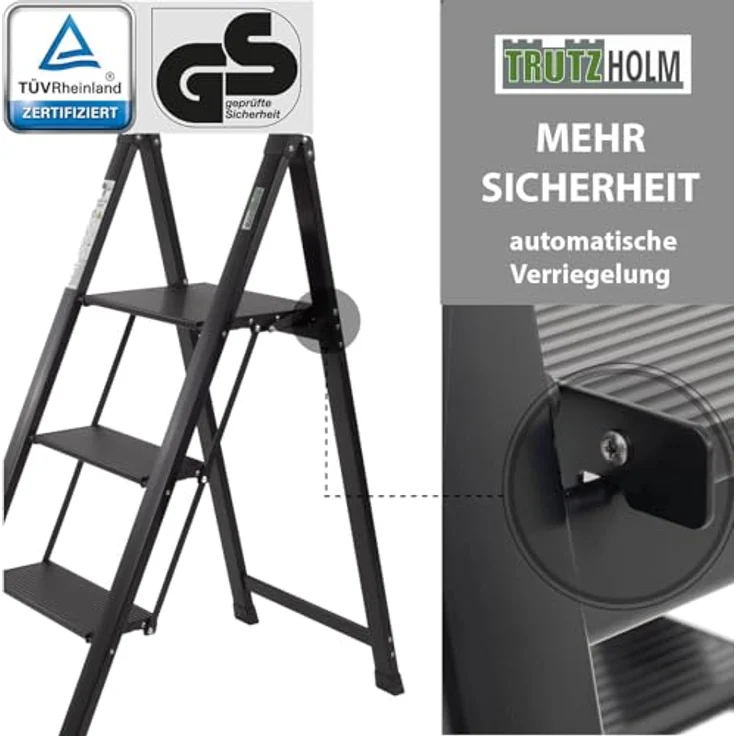 TRUTZHOLM Alu Trittleiter 2-stufig klappbar, bis 150 kg Traglast, Aluminium Silber, TÜV/GS zertifiziert, rutschfeste Trittflächen, 4,2 kg leicht, platzsparend 5 cm schmal – Bild 5