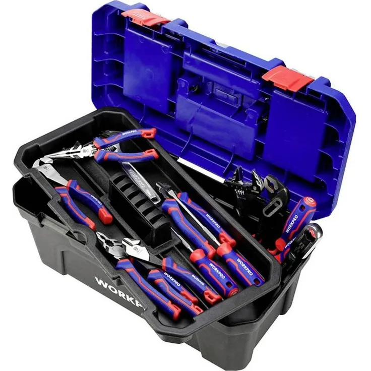Workpro WP283002 Werkzeugkoffer, unbestückt, mit herausnehmbarer Innenablage, abschließbar, aus PP-Kunststoff, 507 x 254 x 259 mm, Blau und Schwarz