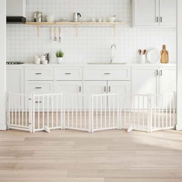 vidaXL Hundetor 6-TLG., Hundegitter Faltbar mit Tür Stützbeine, Weiß Massivholz Tanne, für Wohnzimmer Küche Treppe – Bild 2