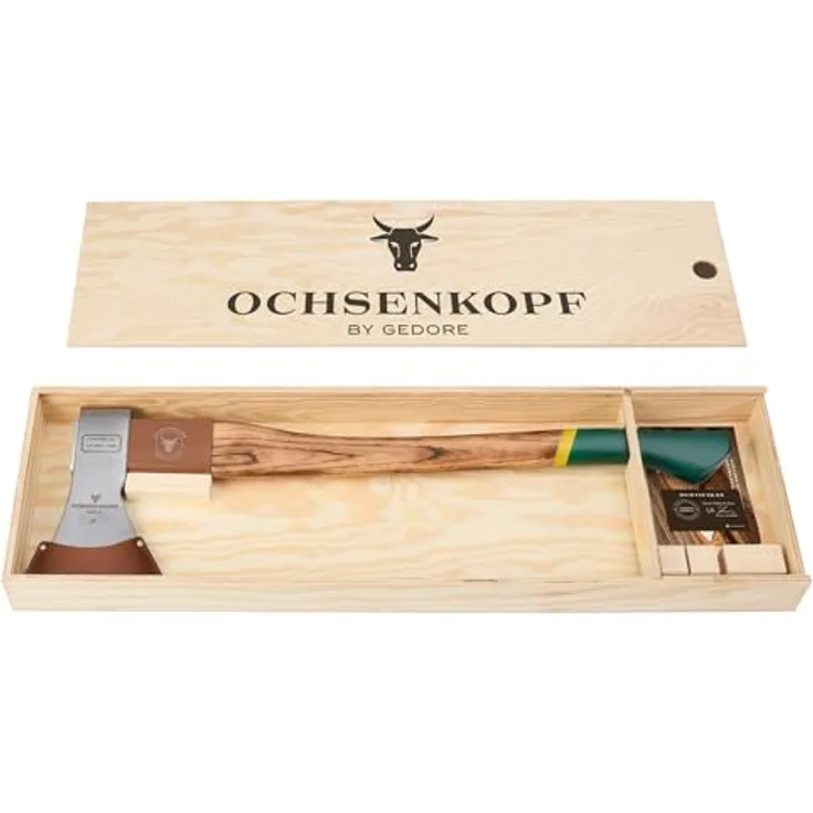 Ochsenkopf Limited-Edition-Forstaxt OX 620 H-1257-LTED, nummeriert auf 1.000 Stück, handgefertigt in Deutschland, Hickory-Stiel, Kuhfuß in Moosgrün und Signalgelb, in hochwertiger Holzkiste, Sammlerstück