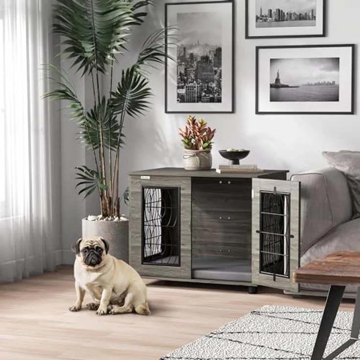 PawHut Hundekäfig, Hundehaus mit Kissen, Verschließbare Vordertür, Indoor Hundehütte mit Drahtgeflecht-Belüftung für mittelgroße Hunde bis 20 kg, Grau, 80 x 56 x 63 cm – Bild 2