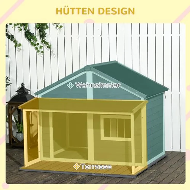 PawHut Hundehütte aus Massivholz Kleintierhaus Hundehaus mit Terrasse Asphaltdach Outdoor wetterfeste Hütte für draußen Grau 124 x 112 x 105 cm – Bild 3