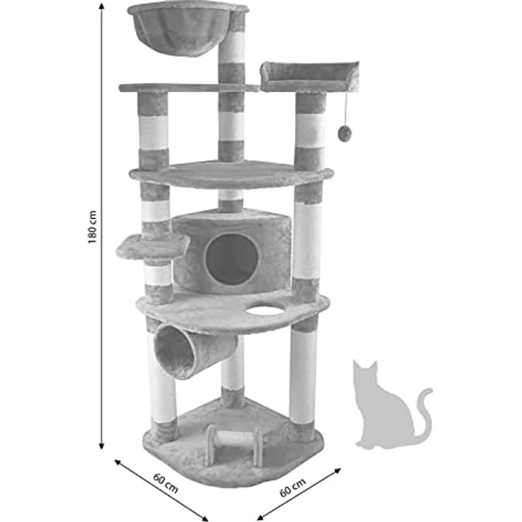 Dehner Kratzbaum Edda, 180 x 60 x 60 cm, Sisal/Plüsch, robuster Kletterbaum auf neun Ebenen mit massiven Sisalholmen – Bild 3
