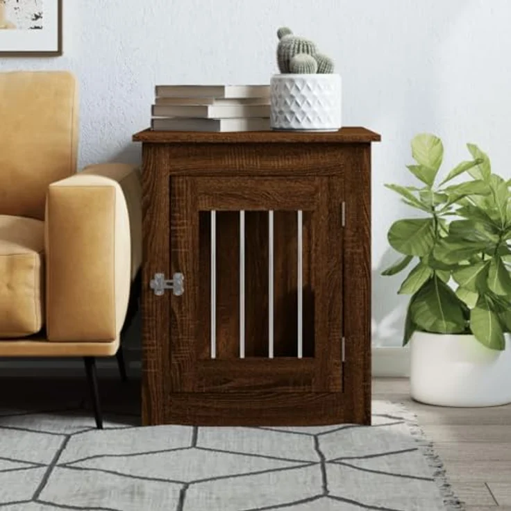 vidaXL Hundekäfig im Möbelstil, Abschließbar Hundebox mit Tür, Hundehütte Beistelltisch mit 2-in-1-Funktion, Hundehaus Haustierkäfig, Braun Eichen-Optik 55x75x65 cm – Bild 3