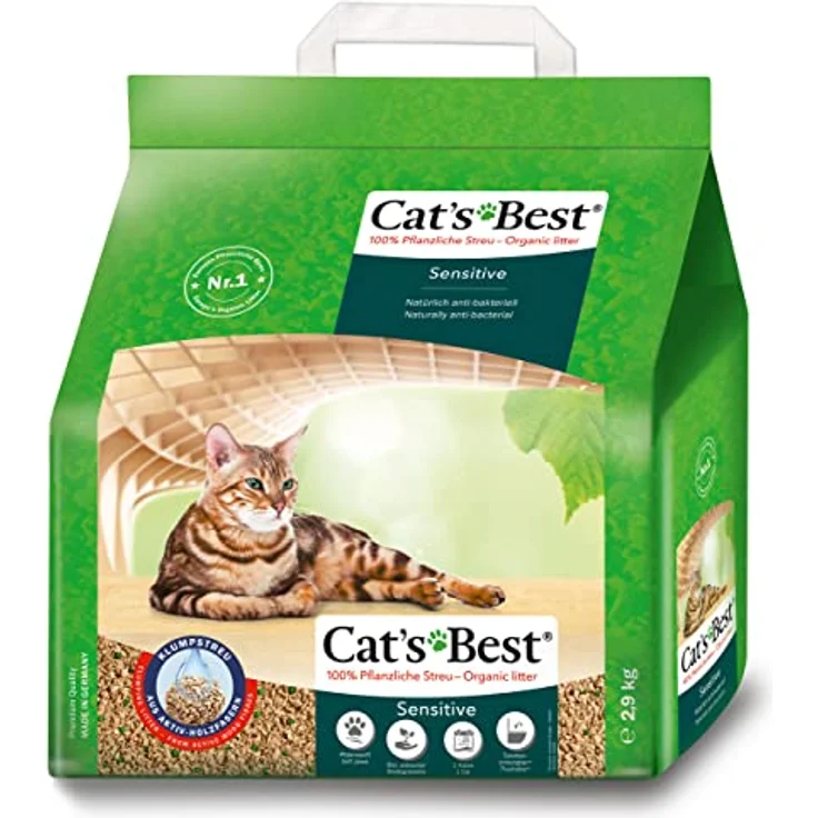 Cat's Best Sensitive, 100 % pflanzliche Katzenstreu, fest klumpend und antibakteriell aus veredelten Aktiv-Holzfasern – speziell für empfindliche Katzen, 2,9 kg/8 l – Bild 1