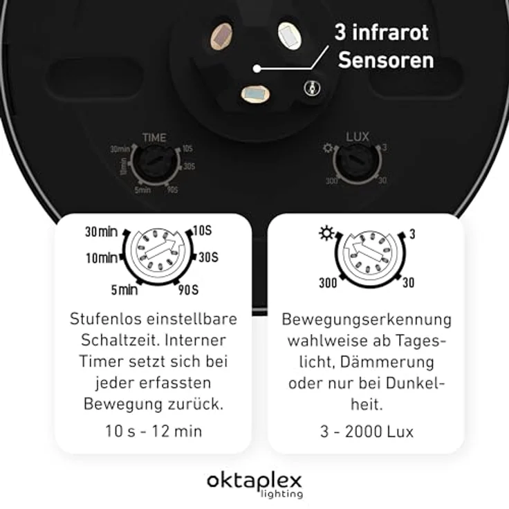 Oktaplex motion Pia Bewegungsmelder 360 Grad PIR Deckenmontage, IP65, 230V, Präsenzsensor für Innen und Außen, 18m Reichweite, schwarz – Bild 3