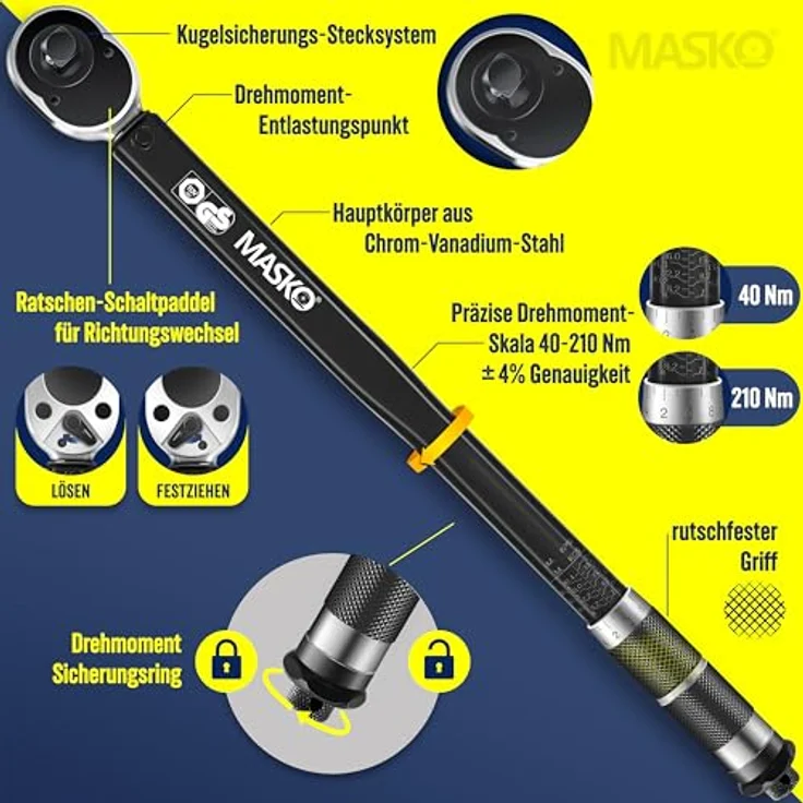 MASKO Drehmomentschlüssel 6tlg. Set 40-210Nm 1-2 ' CV inkl. 3 Stecknüssen 17mm, 19mm, 21mm und Verlängerung 125mm inkl. Koffer +- 4% Toleranz Reifenschlüssel Auto Drehmoment-Schlüssel Schwarz – Bild 6
