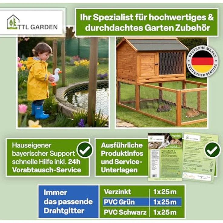 TTL GARDEN Hasendraht 25mx1m, PVC-beschichtet, 25x45mm Masche, grün, inkl. 100 verzinkte Krampen und Arbeitshandschuhe – Bild 8