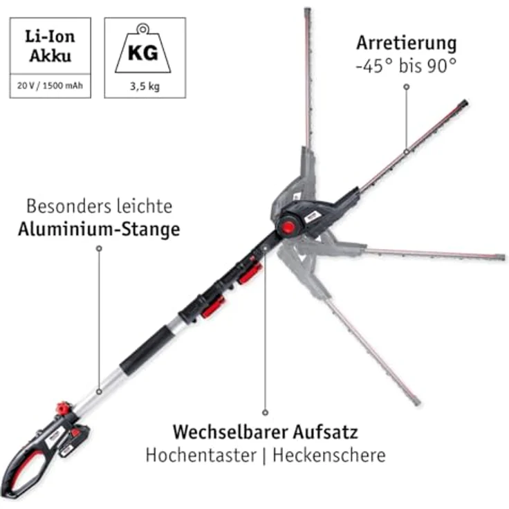 WALTER Li-Ion Akku-Hochentaster-/Heckenschere 20 V, 2 in 1 Kombigerät mit Teleskopstange bis 2,40 m, 180 mm Schnittlänge, Qualitätsmesser 405 mm – Bild 3