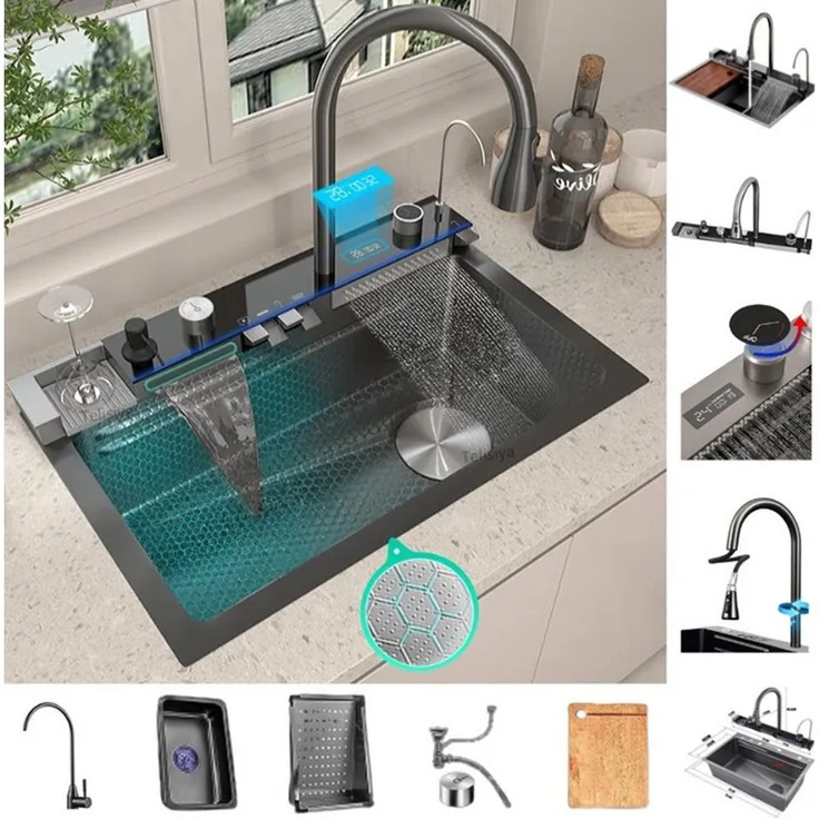 Faizee Home Küchenspüle Nano Innovative Wasserfall Geschirrspülbecken 75 x 46 cm mit Armatur, Graphit