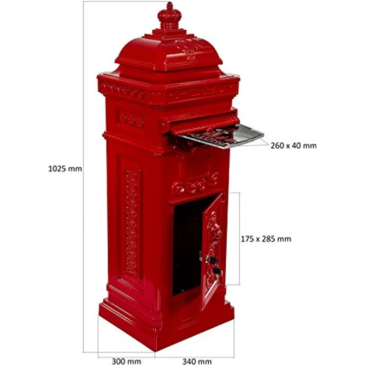 STILISTA Antiker Standbriefkasten 102 cm, Aluminium, wetterfest, mit großem Postschlitz und rot. – Bild 3