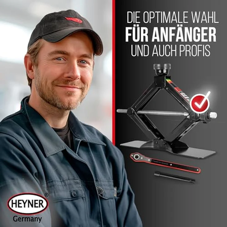 HEYNER® Scherenwagenheber 1,5 t für Skoda Octavia Gen 4 (2020, FL 2024), runder Sattel, modellgenaue Gummiauflage, Hub 112–395 mm, 17 mm Ratsche, Standfuß 30×8 cm, bis -50 °C – Bild 3