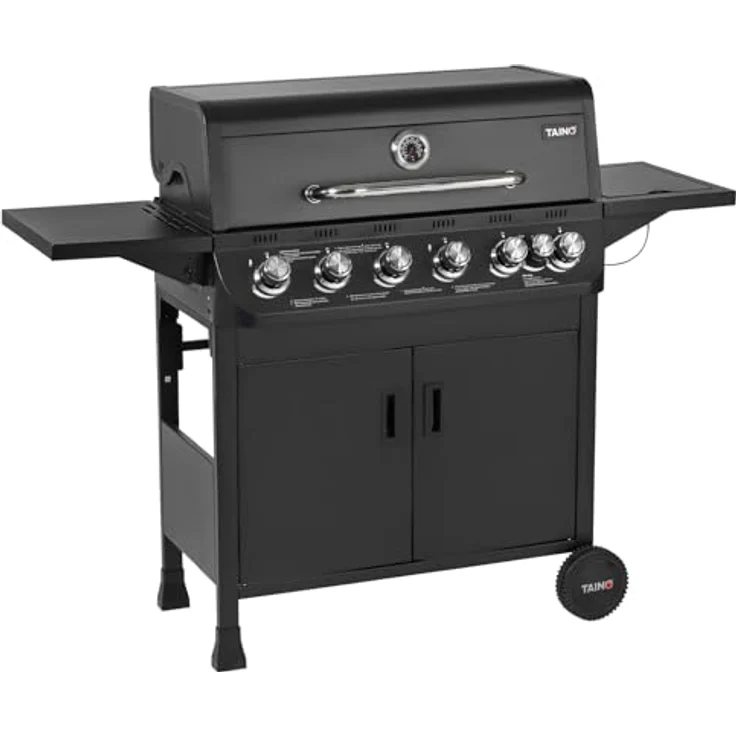 TAINO BRANDO 6+1 Gasgrill, 6 Edelstahl-Hauptbrenner, Seitenkocher, klappbarer Seitentisch, integriertem Thermometer, 77x34 cm Grillfläche – Bild 1