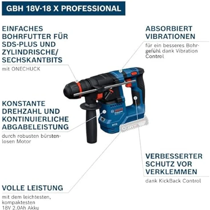 Bosch Professional Akku-Bohrhammer GBH 18V-18 X, ONECHUCK, inkl. Tiefenanschlag, l-boxx, bürstenloser Motor, 18V – Bild 2