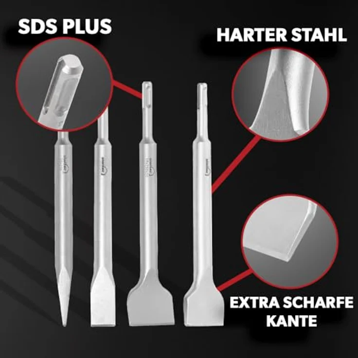 siwitec Betonbohrer SDS-plus Meißel Set, 4-teilig, Flach-, Spitz-, Breit-, Flügelmeißel, 250 mm – Bild 4