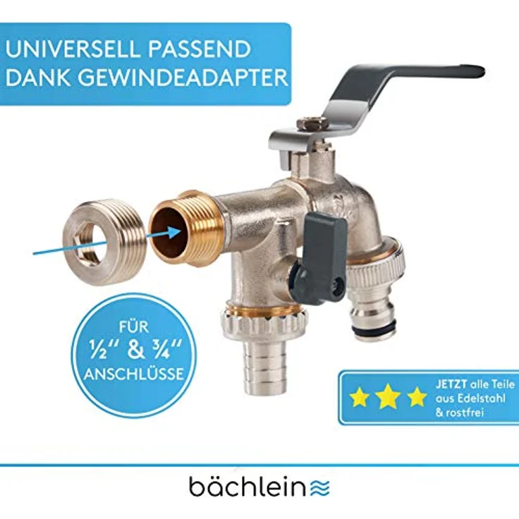 Bächlein Universal Doppel Auslaufhahn für den Garten [anthrazit] inkl. 2 Schlauchanschlüssen - edler Doppelwasserhahn mit 1/2 und 3/4 Zoll Anschluss, Doppel Kugel-Auslaufventil – Bild 2