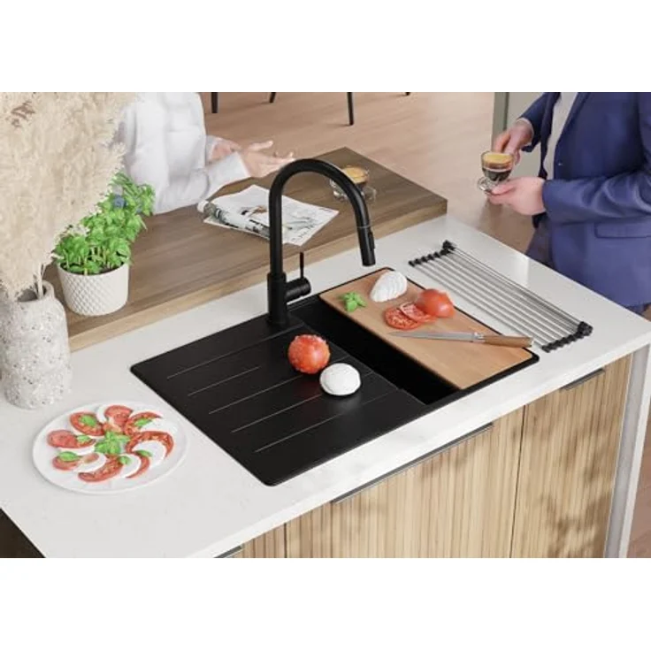 Primagran Granitspüle Alles Schwarz 70x50cm, 1 Becken + Ablauf-Set + Küchenarmatur + Schneidebrett, ab 40er Unterschrank - Top – Bild 3