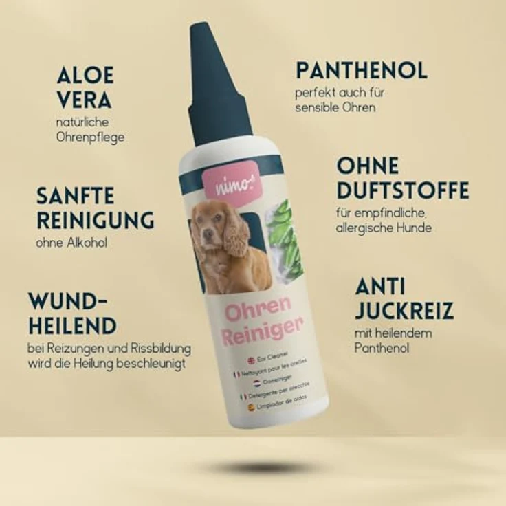 nimo® Ohrenreiniger für Hunde, Katzen & Haustiere mit Aloe Vera & Panthenol, natürliche Reinigung gegen Juckreiz, Entzündungen & Ohrenschmalz, minimiert Kopfschütteln – Bild 3