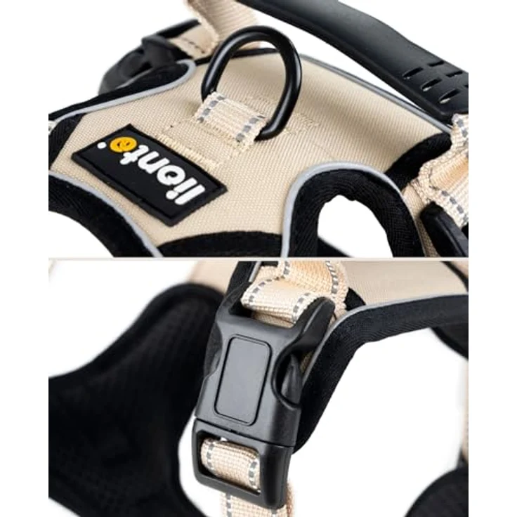 lionto Hundegeschirr gepolstert aus Nylon, Größe M, reflektierend mit 2 Ringen & 4 Einstellgurten, beige – Bild 4