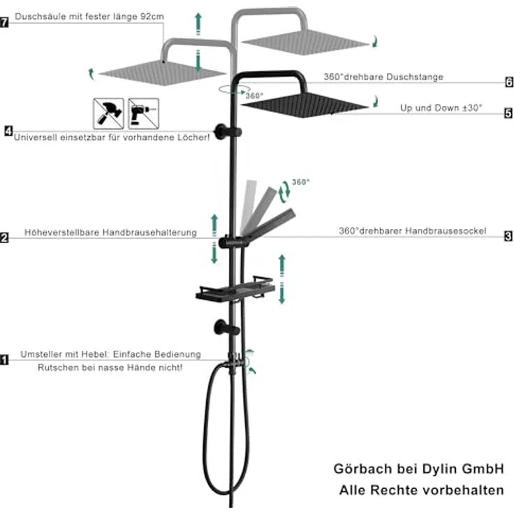 Görbach Regendusche Duschsystem XL, Edelstahl Duschset ohne Armatur, Kopfbrause 30x30 cm, schwarze Duschablage, verstellbare Duschstange – Bild 5