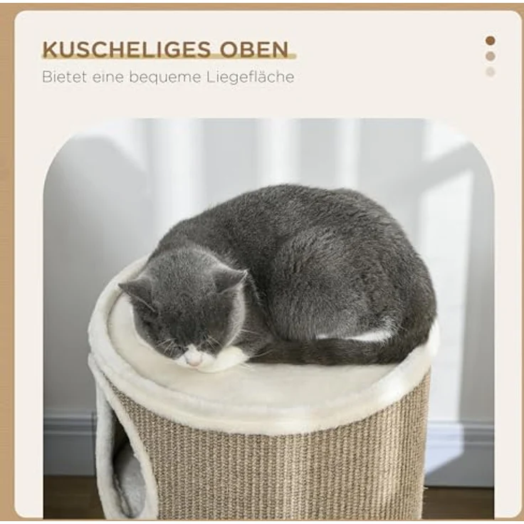 PawHut Kratztonne, Höhe 70 cm, Katzenkratzbaum mit 3 Ebenen, 3 Höhlen, Sisal, Plüsch, Braun – Bild 4