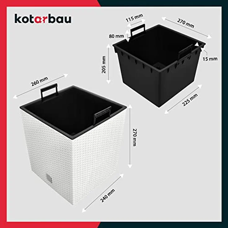 KOTARBAU® Blumentopf Set, 15,8 L, Höhe 27 cm, Weiß, Kunststoff mit Innentopf und Rattan-Optik für Innen und Außen – Bild 3